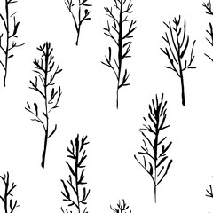 Seamless pattern with naked trees. Hand drawn grunge ink background. Vector illustration.