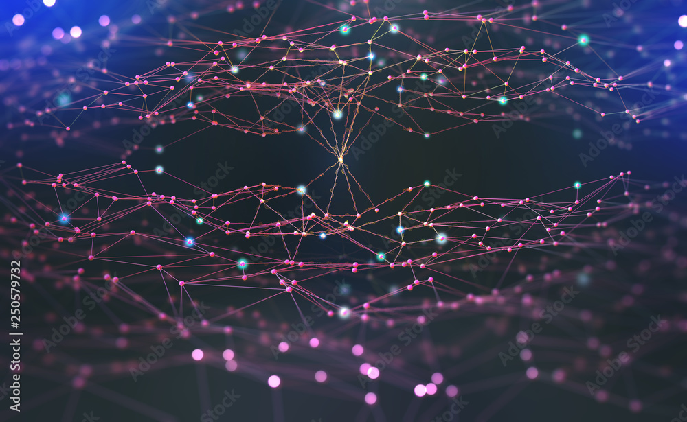 Poster Artificial neural networks. Electrical impulses in the network. Information processing by artificial intelligence. 3d illustration of abstract polygonal mesh with shallow depth of field
