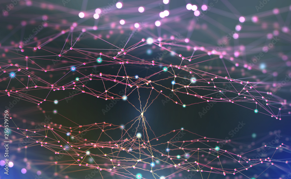 Poster Artificial neural networks. Electrical impulses in the network. Information processing by artificial intelligence. 3d illustration of abstract polygonal mesh with shallow depth of field