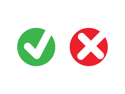 Tick And Cross Signs. Green Checkmark OK And Red X Icons, Simple Marks Graphic Design. Symbols YES And NO Button For Vote, Check Box List Icons. Check Marks Vector.