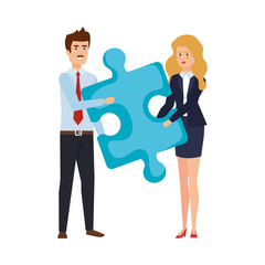 business couple lifting puzzle piece