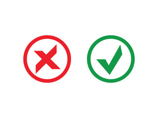 Tick and cross signs. Green checkmark OK and red X icons, Simple marks graphic design. Symbols YES and NO button for vote, Check box list icons. Check marks vector.