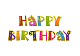 Decorative colorful lettering of Happy Birthday with golden ornament and outline on white background