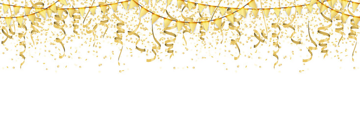 seamless golden colored confetti, streamers and garlands background
