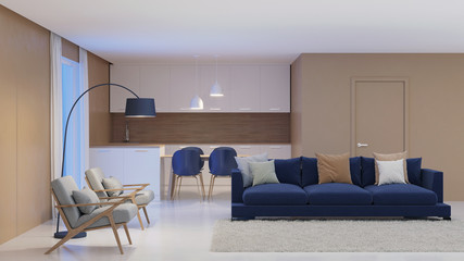 Modern house interior. Night. Evening lighting. 3D rendering.