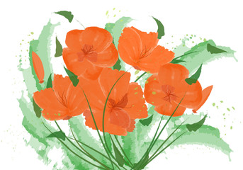 Bouquet of abstract flowers. California poppies, tulips. Vector flowers made with watercolor brush. Spring background.
