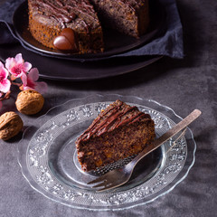 juicy poppy seed cake with apples and chocolate glaze