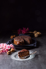 juicy poppy seed cake with apples and chocolate glaze