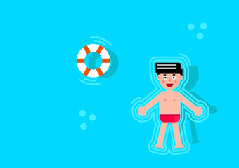 Pool party characters. Boy wearing swimming suits. Top view vector of boy floating in the pool, flat design vector illustration