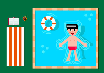 Top view vector of boy floating in the pool. Summer vacation and relax concept. Glass of fresh drink, book and towel at the poolside, flat design vector illustration