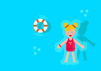 Pool party characters. Girl wearing swimming suits. Top view vector of girl floating in the pool, flat design vector illustration