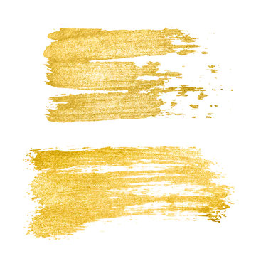 Vector golden brush stroke, brush, line or texture. Hand drawn brush stroke design element, box, frame or background for text. Gold Texture Paint Stain