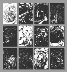 Marbling, ebru, suminagashi. Set of cards with texture, the effect of ink on the water. Abstract background. Design of cards. Vector illustration.