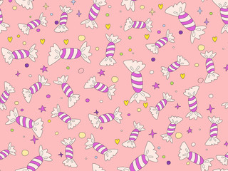Funny cute cartoon seamless pattern with sweet magenta candies, stars and decoration. Endless cute pattern with sweet candy on pink background. Pink candies wrapped and colored vector seamless textile