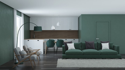 Modern house interior. Green color in the interior. 3D rendering.