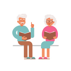 Happy Senior man and woman read and discuss books. Vector character for an educational project