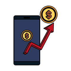 smartphone with statistics arrow and coin