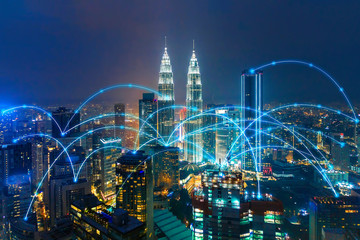 cityscape with line network connection