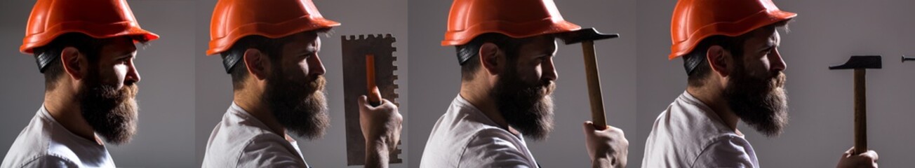 Portrait architect builder, civil engineer working. Builder in helmet, hammer, handyman, builders...