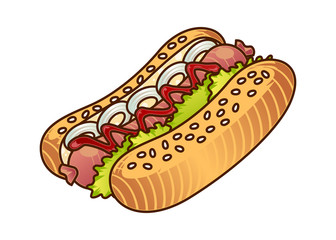 Hot Dog food icon. Cartoon hand draw illustration of Hot Dog isoleted on white. Fast food element for web design, menu, game