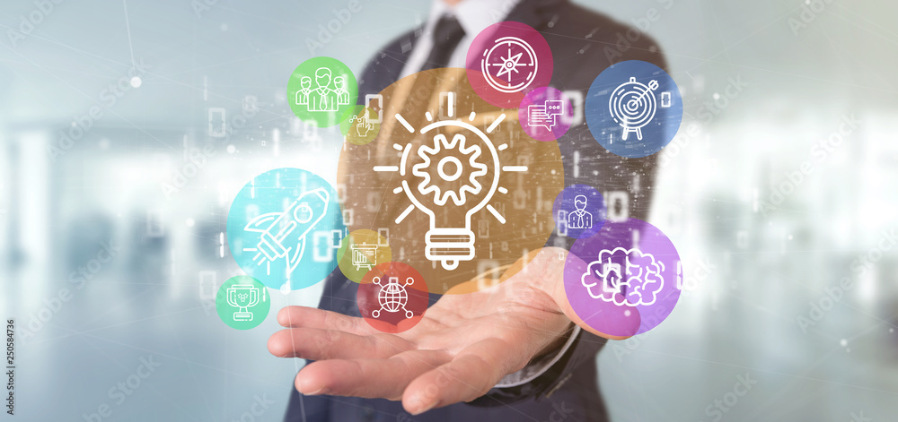 Poster cloud of colorfull start up icon bubble with data businessman holding a binary 3d rendering