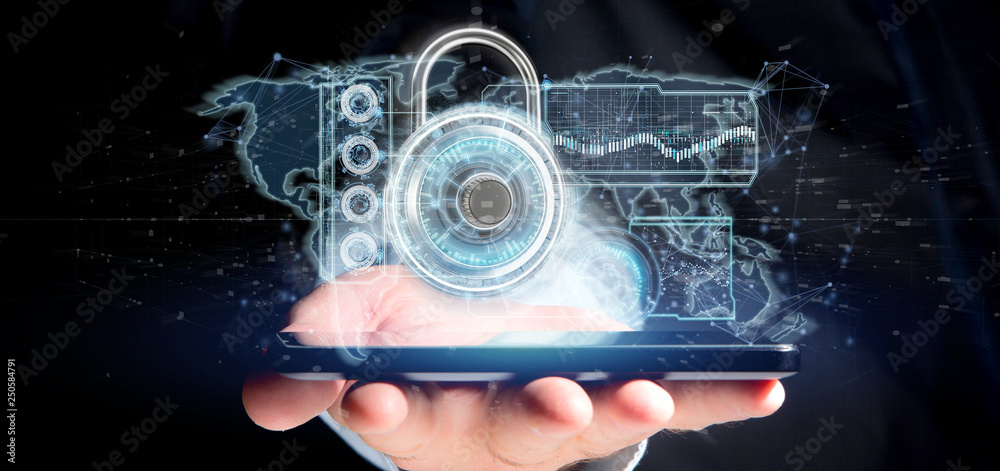 Poster man holding a padlock security technology interface 3d rendering