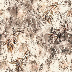 Vintage seamless watercolor pattern of plants, Herbs, flowers, poppy, rose, fern, palm leaf. brown, black, white, beige flowers watercolor. stylish pattern. Abstract paint splash. Trendy background 