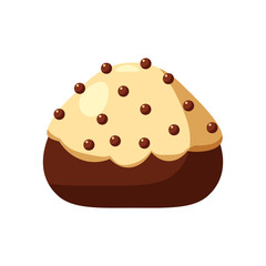 Chocolate covered bonbon candy stuffed nougat, mousse, cream. Vector illustration candy catoon icon isolated on white background