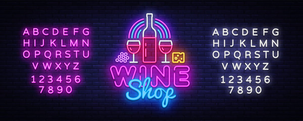 Wine Shop neon signboard Vector. Wine Bar neon sign, design template, modern trend design, night neon signboard, night bright advertising, light banner, light art. Vector. Editing text neon sign