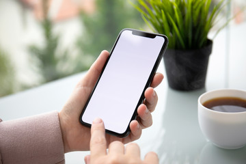 female hands holding phone with isolated screen in summer cafe
