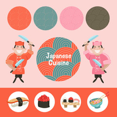 Japanese cuisine. Traditional Japanese dish. Chefs Japanese. Vector illustration in cartoon style.