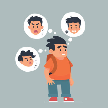 vector illustration an afraid boy remember his bullies friends, kid afraid go to school because his friends, depressed kid - Vector