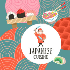 Japanese cuisine. Traditional Japanese dish. Chefs Japanese. Vector illustration in cartoon style.