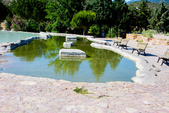 Red pools of Karahayit with the healthy mineral and thermal water in city of Denizli