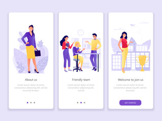 Presentation of the company About us, the team, business. Onboarding screens user interface kit. Modern user interface UX, UI screen template for mobile smart phone or web site. Vector Illustration.