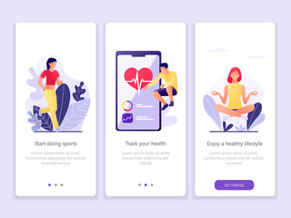 Fitness tracking, sporty, healthy Lifestyle. Onboarding screens user interface kit. Modern user interface UX, UI screen template for mobile smart phone or web site. Vector Illustration.