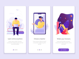 Online education, School, Studying, Courses. Onboarding screens user interface kit. M commerce. Modern user interface UX, UI screen template for mobile smart phone or web site. Vector Illustration.