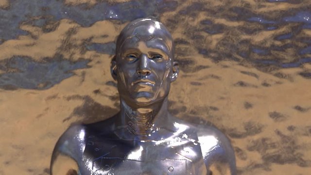 man face, like the face of a robot from a liquid metal appears from the wall of the liquid metal 3D render