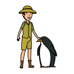 man worker of zoo with penguin