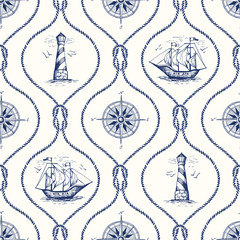 Vintage handgezeichnete Seil Ogee Vektor nahtlose Muster mit Leuchtturm, Seekompass, Schiff und nautischen Riffknoten.