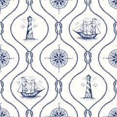 Foto op Plexiglas Zee Vintage handgetekende touw Ogee Vector naadloze patroon met vuurtoren, zeekompas, schip en nautische rif knoop.