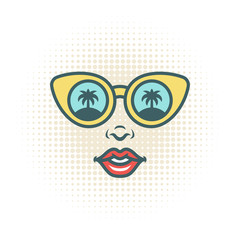 Positive pop art style girl or woman face in sunglasses