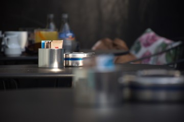 Selective focus of the table and the coffee in the cafe