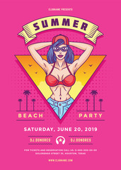 Summer beach party flyer or poster template 90s pop art typography style design