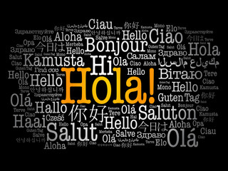 Hola! (Hello Greeting in Spanish) word cloud in different languages of the world © dizain
