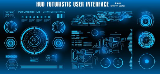 HUD futuristic blue user interface, target. Dashboard display virtual reality technology screen