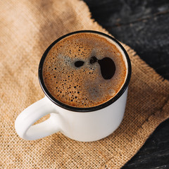 coffee mug close-up on the burlap