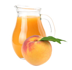 jug of peach juice with peach fruit and slices isolated on white background.