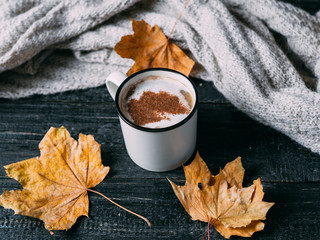 coffee mug cappuccino with cinnamon on a wooden table with dry autumn leaves and a warm scarf