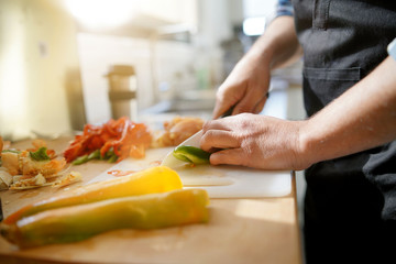 Closeup of mans' hand cutting vegetables in home kitchen